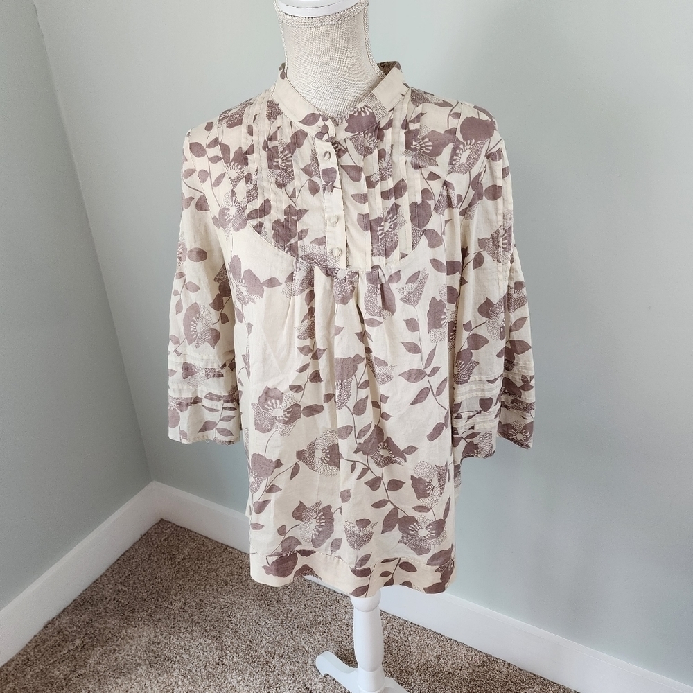 Moda International Women’s Floral Sheer Flowy 3 Button Blouse Top  Size Large